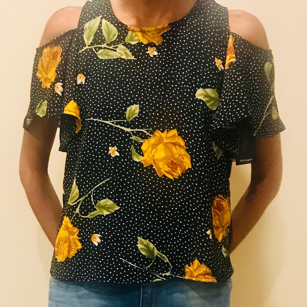 Hint of Blush Black Cold Shoulder Floral Top